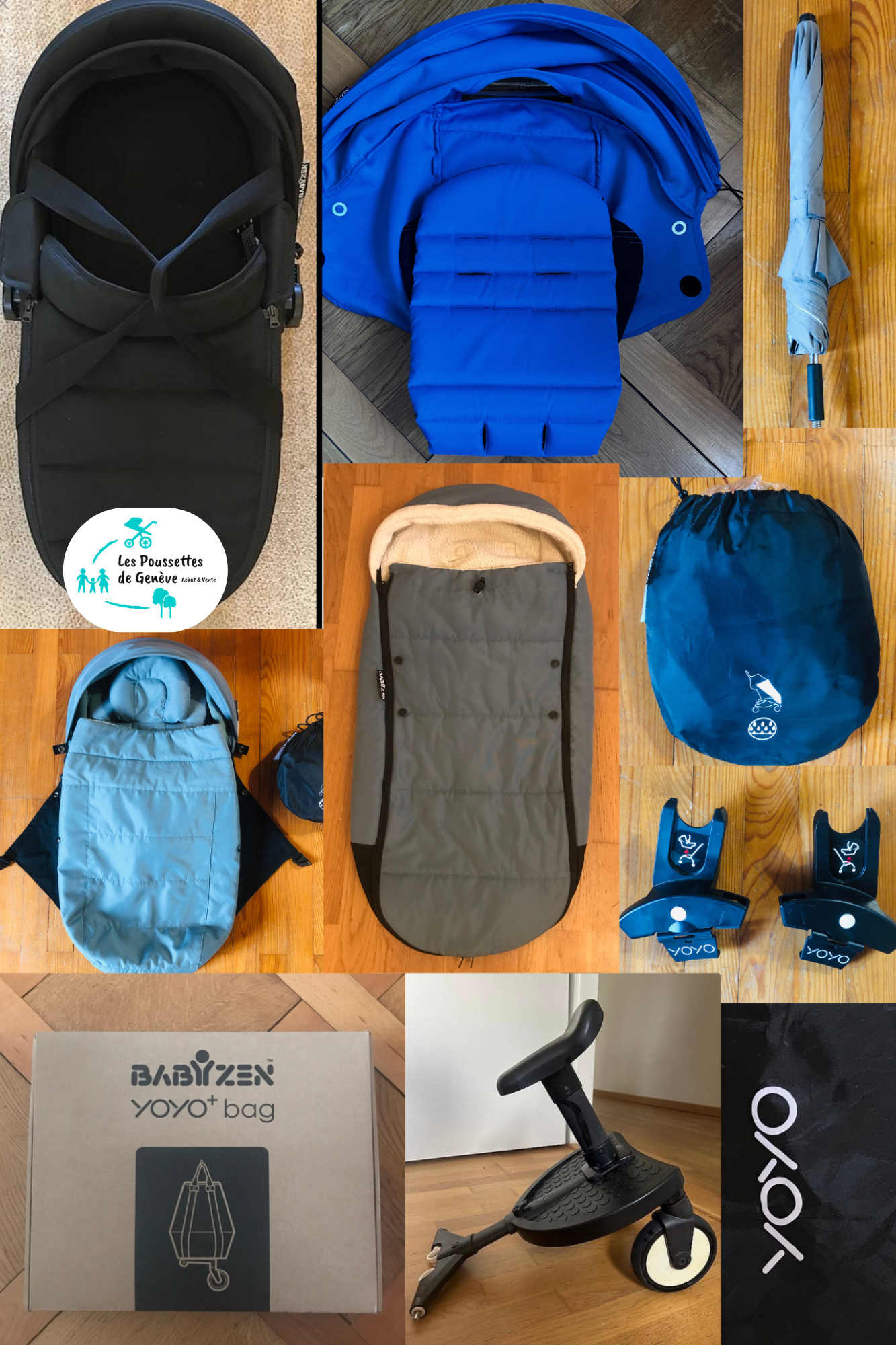 Accessoires Yoyo chancelière protection pluie habillage pluie roues chassis pack 0+ pack 6+ adaptateurs nacelle sac shopping porte gobelet planche à roulette 